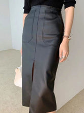 Spring Autumn Women Fashion High Waist Pu Midi Skrits Lady Slim Elegant Split Solid Color Faux Leather Skirts